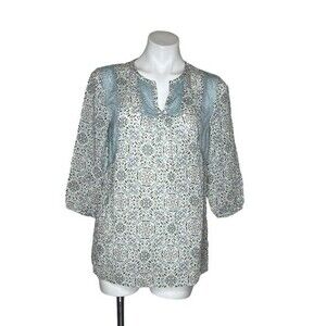 J JILL Semi Sheer Mixed Print Popover Top Open Neck 2/3 Sleeve Abstract Size XS